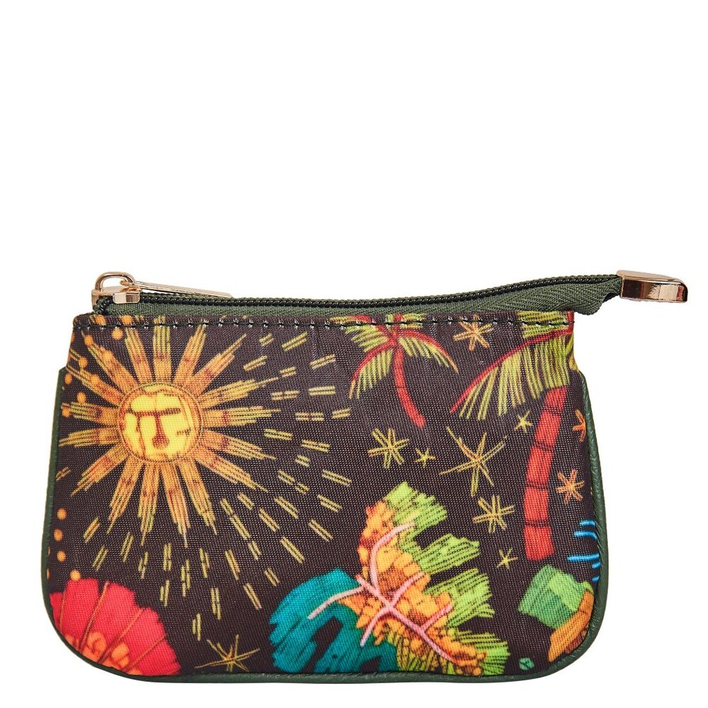Sishka Women Green Printed Nylon with Leather Trim Travel Coin Pouch